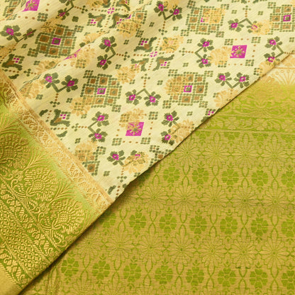 Vintage Heavy Sari Green & Ivory Hand Woven Printed Artificial Silk Sarees Zari 5Yd Floral Craft Fabric Dress making Crafting Quilting