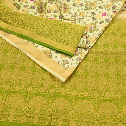 Vintage Heavy Sari Green & Ivory Hand Woven Printed Artificial Silk Sarees Zari 5Yd Floral Craft Fabric Dress making Crafting Quilting