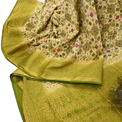 Vintage Heavy Sari Green & Ivory Hand Woven Printed Artificial Silk Sarees Zari 5Yd Floral Craft Fabric Dress making Crafting Quilting