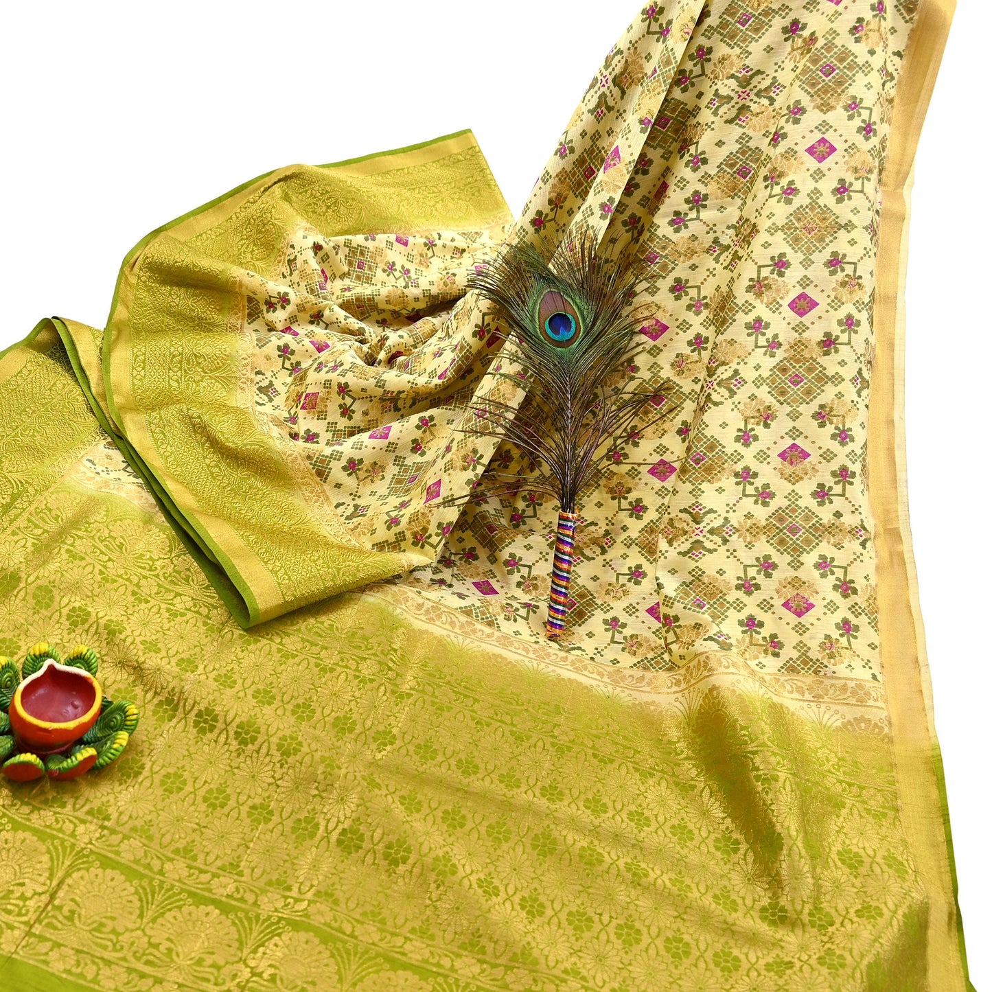 Vintage Heavy Sari Green & Ivory Hand Woven Printed Artificial Silk Sarees Zari 5Yd Floral Craft Fabric Dress making Crafting Quilting