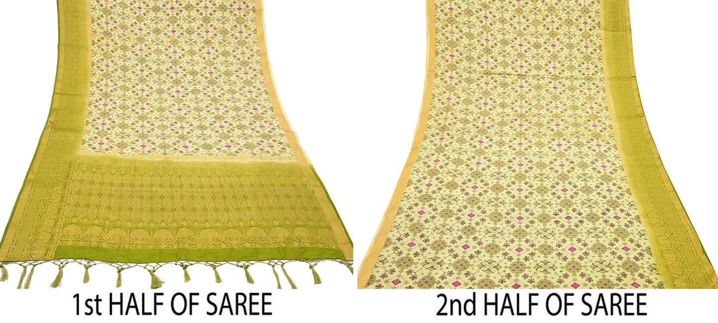 Vintage Heavy Sari Green & Ivory Hand Woven Printed Artificial Silk Sarees Zari 5Yd Floral Craft Fabric Dress making Crafting Quilting