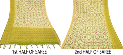 Vintage Heavy Sari Green & Ivory Hand Woven Printed Artificial Silk Sarees Zari 5Yd Floral Craft Fabric Dress making Crafting Quilting