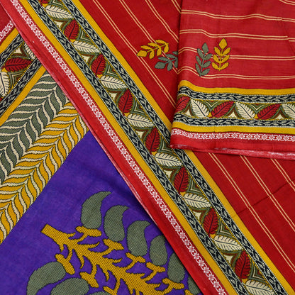 Indian Vintage Sari Purple & Red Block Printed Pure Cotton Saree Craft Fabric 5Yd Sewing Sarong Wrap Boho Floral Crafting Upcycle Quilting