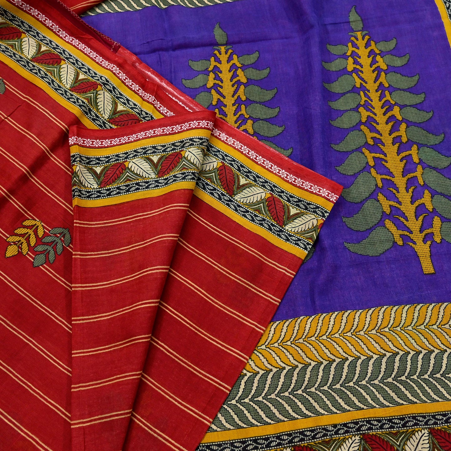 Indian Vintage Sari Purple & Red Block Printed Pure Cotton Saree Craft Fabric 5Yd Sewing Sarong Wrap Boho Floral Crafting Upcycle Quilting