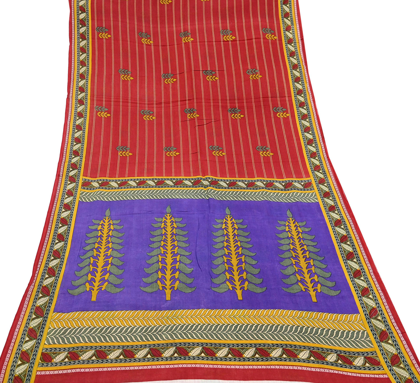 Indian Vintage Sari Purple & Red Block Printed Pure Cotton Saree Craft Fabric 5Yd Sewing Sarong Wrap Boho Floral Crafting Upcycle Quilting