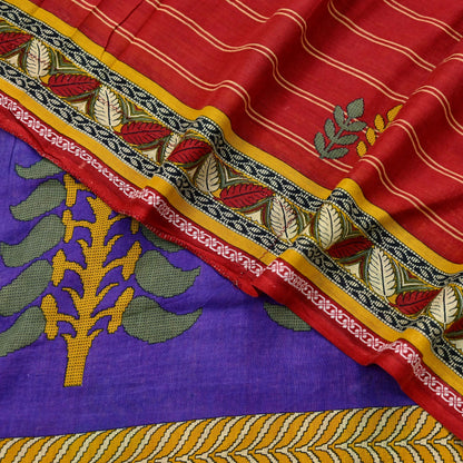 Indian Vintage Sari Purple & Red Block Printed Pure Cotton Saree Craft Fabric 5Yd Sewing Sarong Wrap Boho Floral Crafting Upcycle Quilting