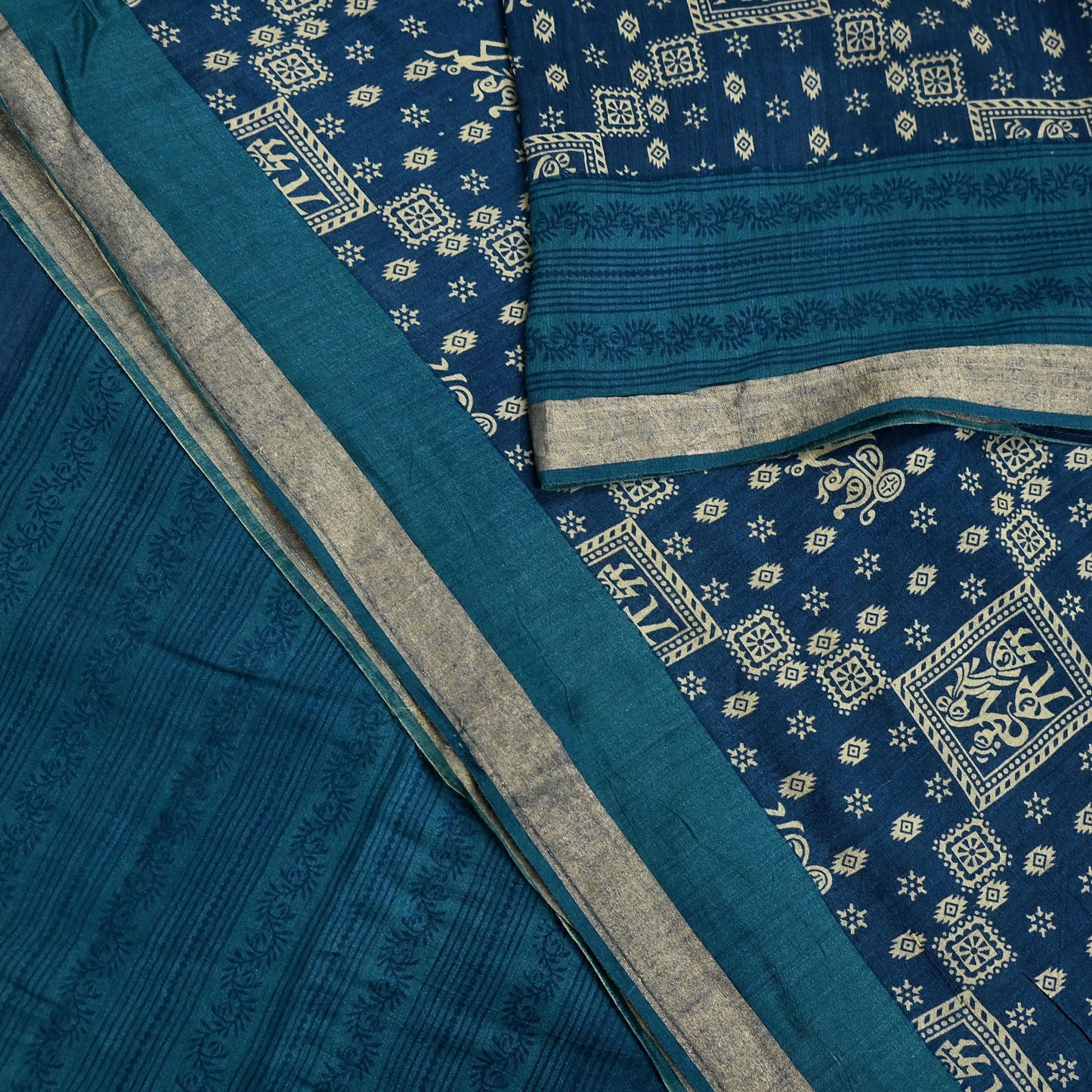 Indian Vintage Sari Blue Pure chanderi Silk Bagru Printed Sarees Fabric 5Yd Floral Soft Golden Zari Border Ethnic Dress making Upcycle
