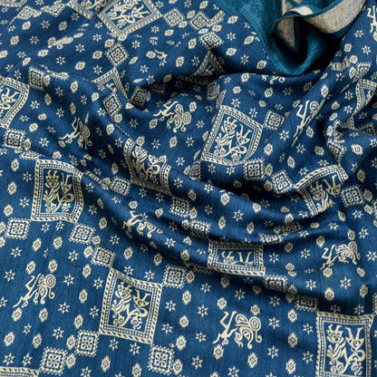 Indian Vintage Sari Blue Pure chanderi Silk Bagru Printed Sarees Fabric 5Yd Floral Soft Golden Zari Border Ethnic Dress making Upcycle