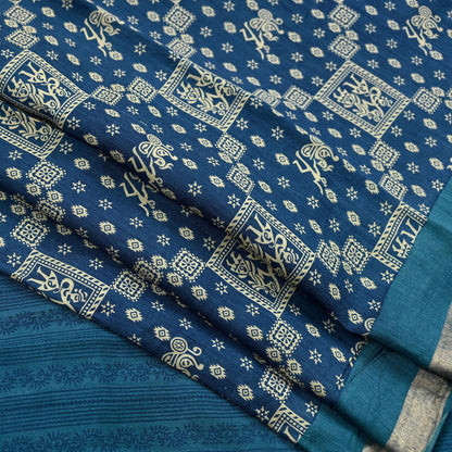 Indian Vintage Sari Blue Pure chanderi Silk Bagru Printed Sarees Fabric 5Yd Floral Soft Golden Zari Border Ethnic Dress making Upcycle