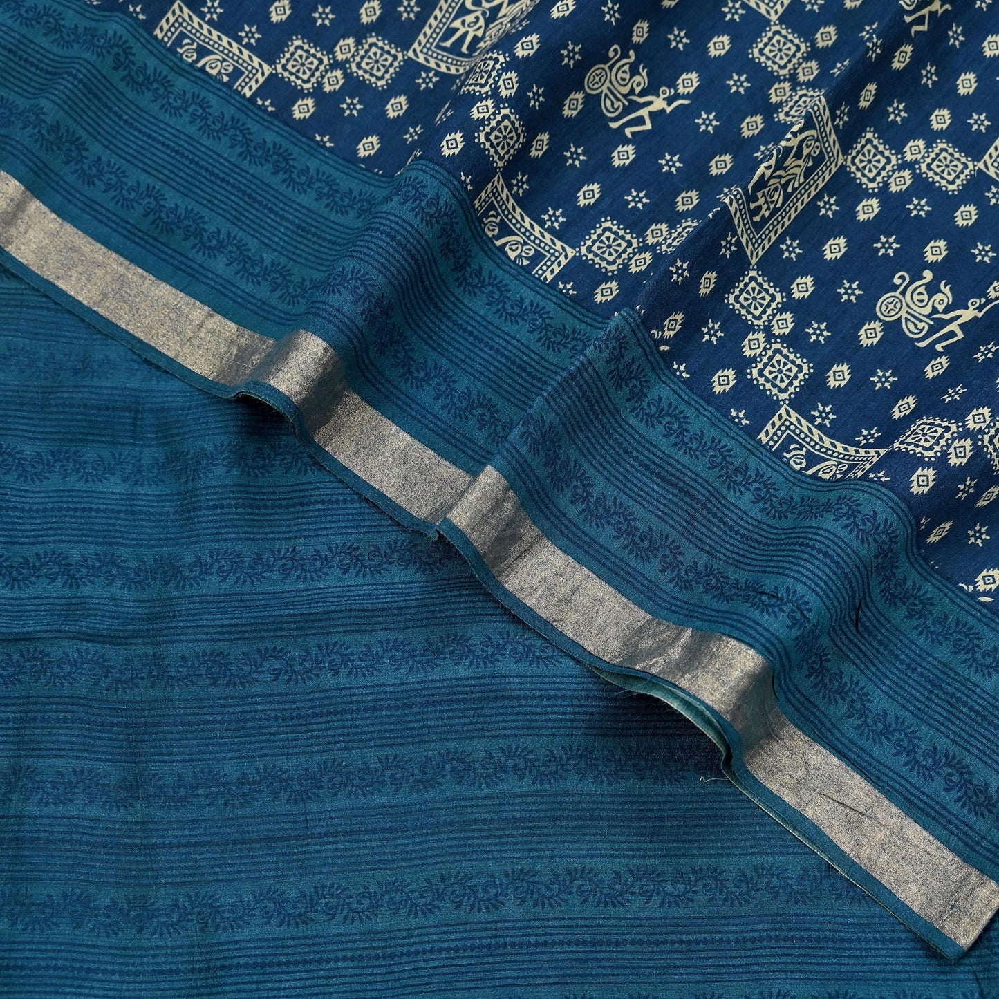 Indian Vintage Sari Blue Pure chanderi Silk Bagru Printed Sarees Fabric 5Yd Floral Soft Golden Zari Border Ethnic Dress making Upcycle