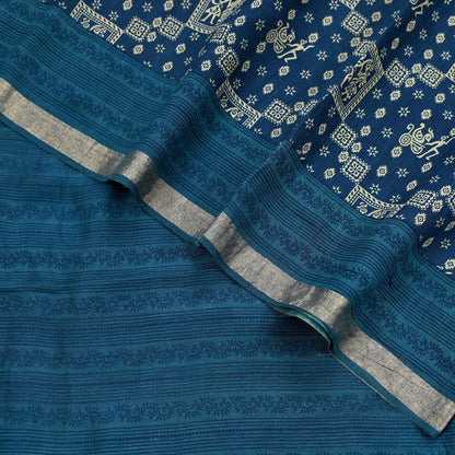 Indian Vintage Sari Blue Pure chanderi Silk Bagru Printed Sarees Fabric 5Yd Floral Soft Golden Zari Border Ethnic Dress making Upcycle