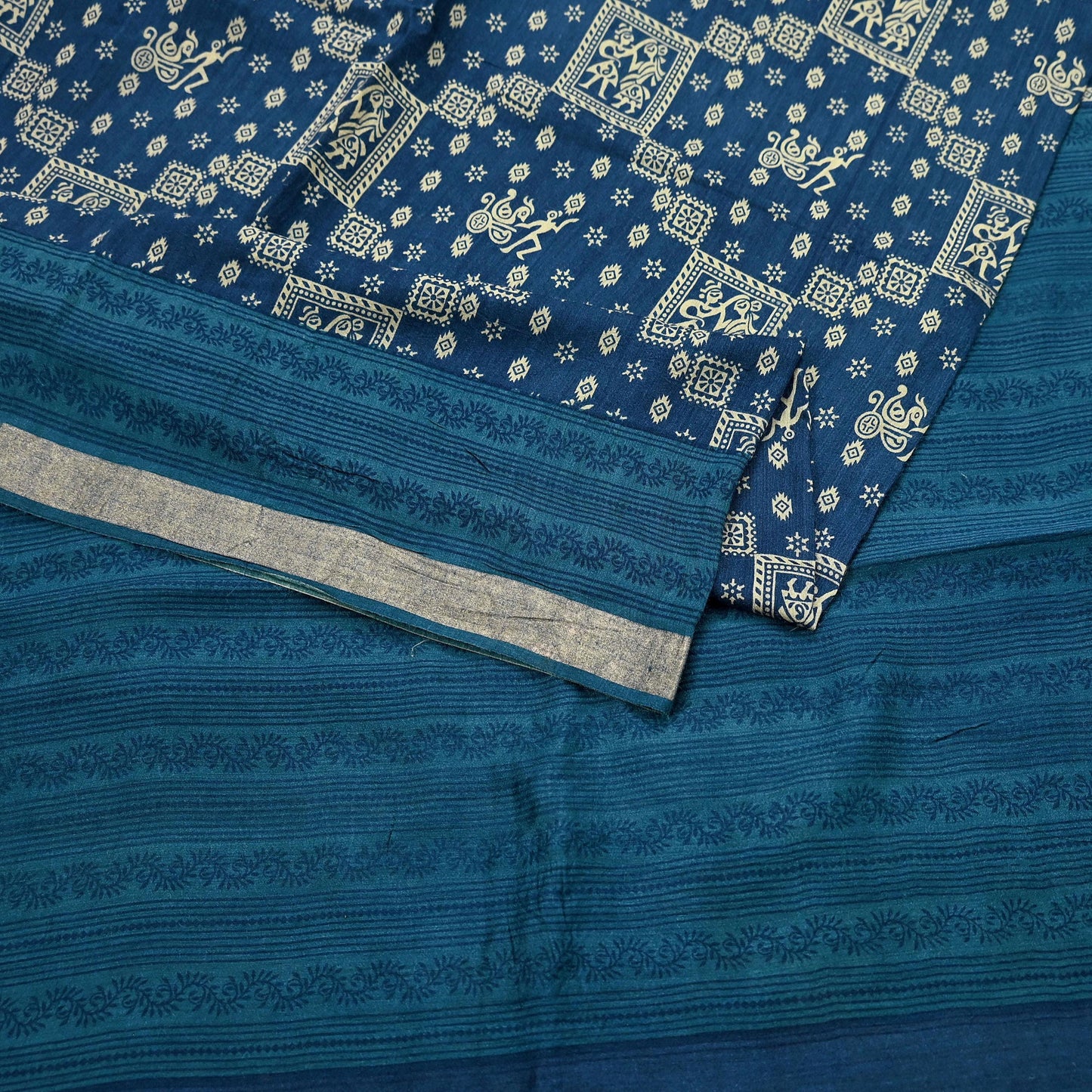 Indian Vintage Sari Blue Pure chanderi Silk Bagru Printed Sarees Fabric 5Yd Floral Soft Golden Zari Border Ethnic Dress making Upcycle