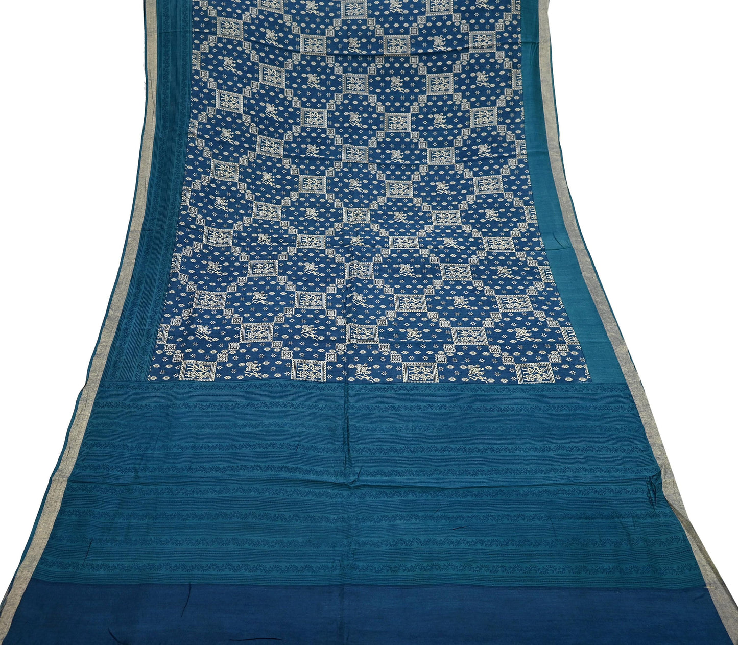 Indian Vintage Sari Blue Pure chanderi Silk Bagru Printed Sarees Fabric 5Yd Floral Soft Golden Zari Border Ethnic Dress making Upcycle