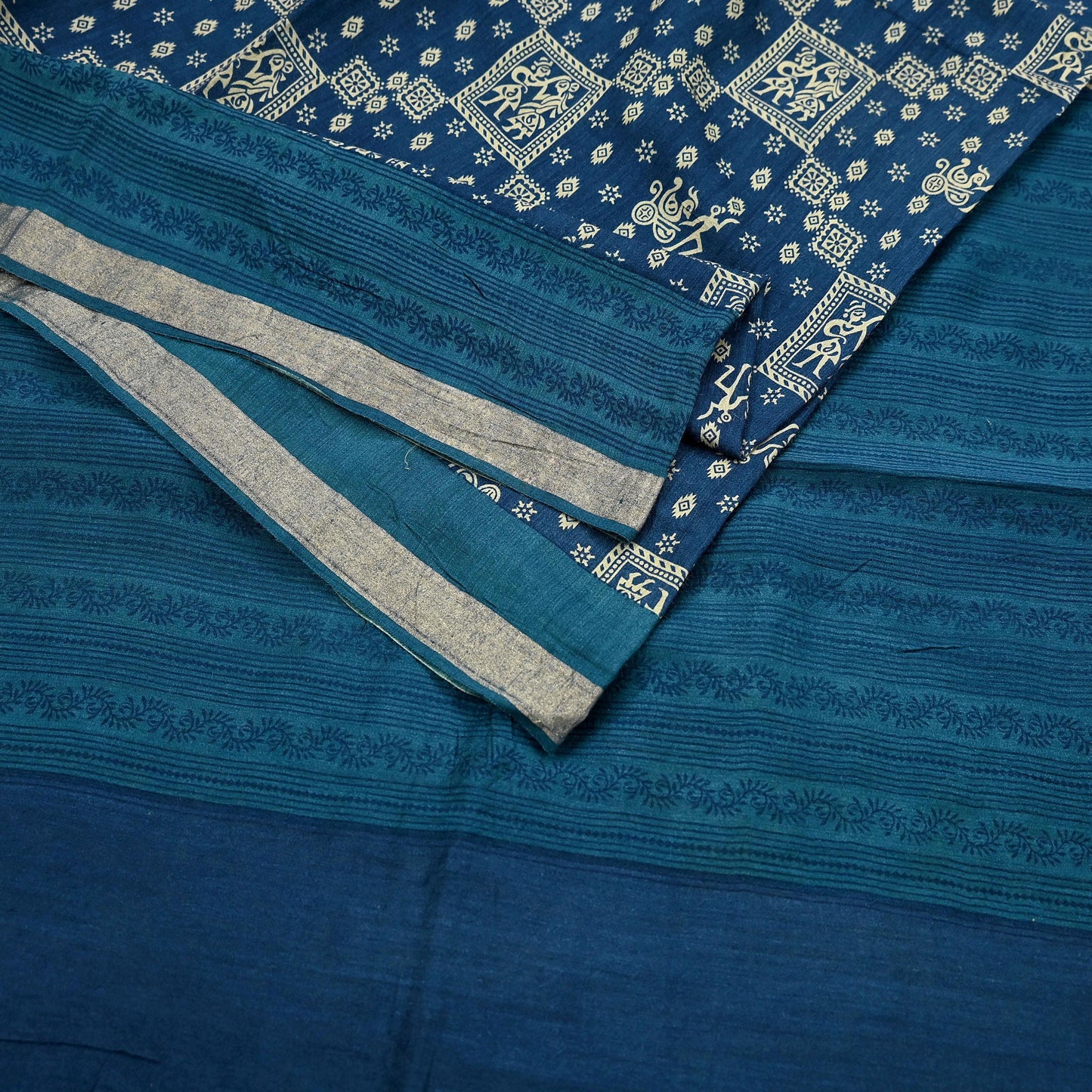 Indian Vintage Sari Blue Pure chanderi Silk Bagru Printed Sarees Fabric 5Yd Floral Soft Golden Zari Border Ethnic Dress making Upcycle