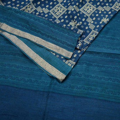 Indian Vintage Sari Blue Pure chanderi Silk Bagru Printed Sarees Fabric 5Yd Floral Soft Golden Zari Border Ethnic Dress making Upcycle