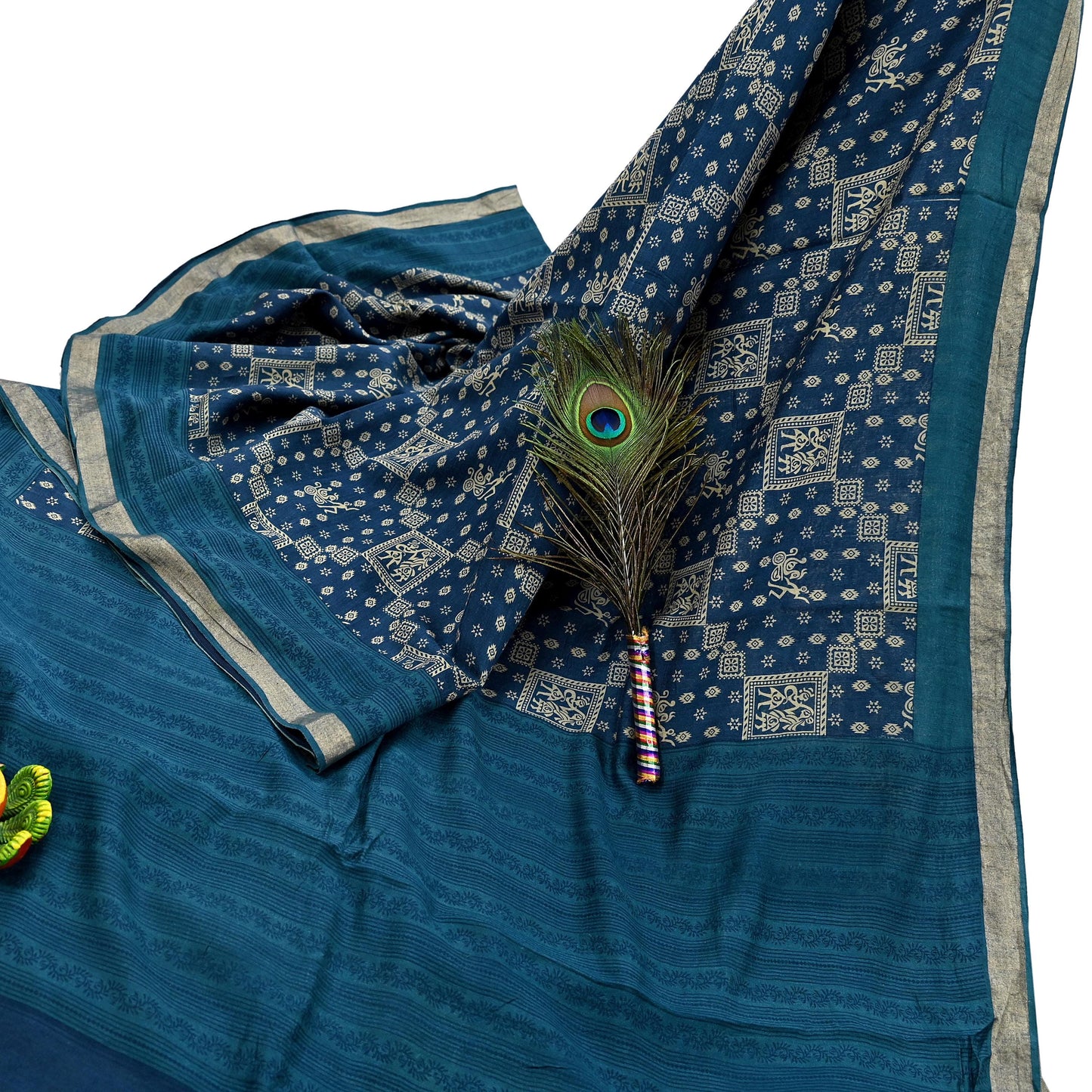 Indian Vintage Sari Blue Pure chanderi Silk Bagru Printed Sarees Fabric 5Yd Floral Soft Golden Zari Border Ethnic Dress making Upcycle