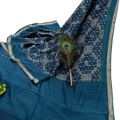 Indian Vintage Sari Blue Pure chanderi Silk Bagru Printed Sarees Fabric 5Yd Floral Soft Golden Zari Border Ethnic Dress making Upcycle