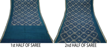 Indian Vintage Sari Blue Pure chanderi Silk Bagru Printed Sarees Fabric 5Yd Floral Soft Golden Zari Border Ethnic Dress making Upcycle