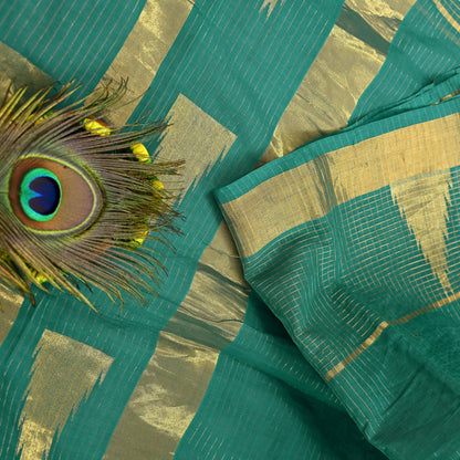 Indian Vintage Sari Green Pure Cotton Hand Woven Saree Craft Fabric 5yd Sewing Ethnic Soft Dress making Quilting Dress Designing Zari