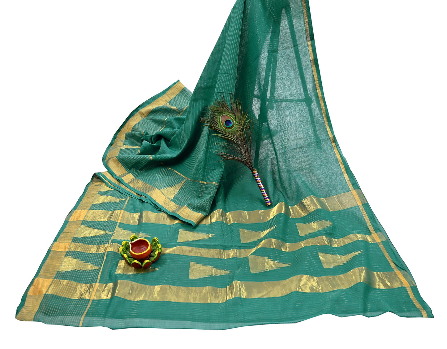 Indian Vintage Sari Green Pure Cotton Hand Woven Saree Craft Fabric 5yd Sewing Ethnic Soft Dress making Quilting Dress Designing Zari