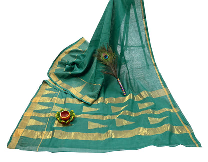 Indian Vintage Sari Green Pure Cotton Hand Woven Saree Craft Fabric 5yd Sewing Ethnic Soft Dress making Quilting Dress Designing Zari