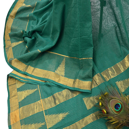 Indian Vintage Sari Green Pure Cotton Hand Woven Saree Craft Fabric 5yd Sewing Ethnic Soft Dress making Quilting Dress Designing Zari