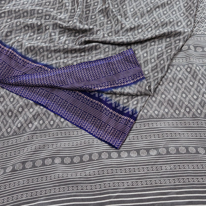 Indian Vintage Sari Blue & Gray Moss Crepe Printed Sarees 6yd Craft Fabric Sewing Floral Soft Dress making Quilting Crafting Upcycle Used