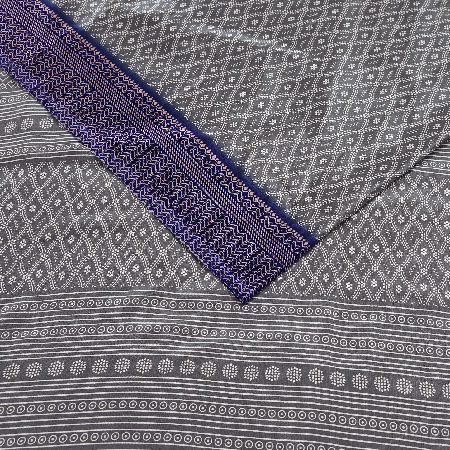 Indian Vintage Sari Blue & Gray Moss Crepe Printed Sarees 6yd Craft Fabric Sewing Floral Soft Dress making Quilting Crafting Upcycle Used