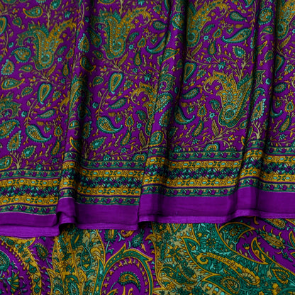 Indian Vintage Purple Moss Crepe Saree Printed Floral Sari Fabric 6 Yards Soft Craft Fabric for Sewing, Dressmaking, Quilting,Upcycling