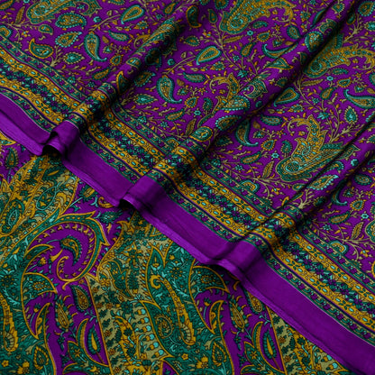 Indian Vintage Purple Moss Crepe Saree Printed Floral Sari Fabric 6 Yards Soft Craft Fabric for Sewing, Dressmaking, Quilting,Upcycling