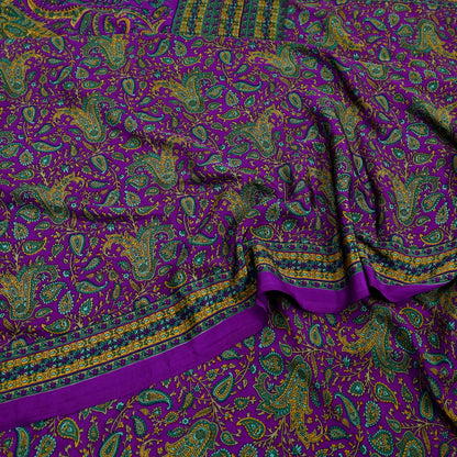 Indian Vintage Purple Moss Crepe Saree Printed Floral Sari Fabric 6 Yards Soft Craft Fabric for Sewing, Dressmaking, Quilting,Upcycling