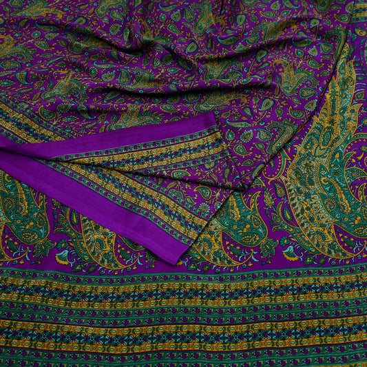 Indian Vintage Purple Moss Crepe Saree Printed Floral Sari Fabric 6 Yards Soft Craft Fabric for Sewing, Dressmaking, Quilting,Upcycling