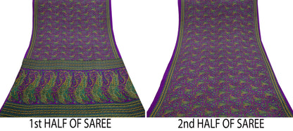 Indian Vintage Purple Moss Crepe Saree Printed Floral Sari Fabric 6 Yards Soft Craft Fabric for Sewing, Dressmaking, Quilting,Upcycling