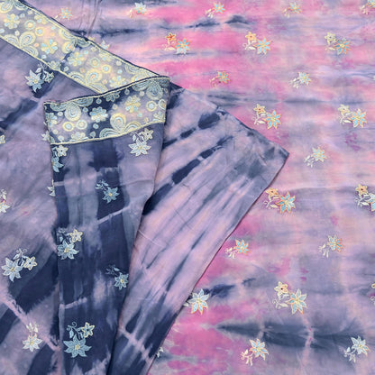 Indian Vintage Saree Pink & Blue Pure Crepe Silk Hand Embroidered Tie-Dye Sari Fabric 5yard Sewing Craft Fabric Ethnic Dressmaking