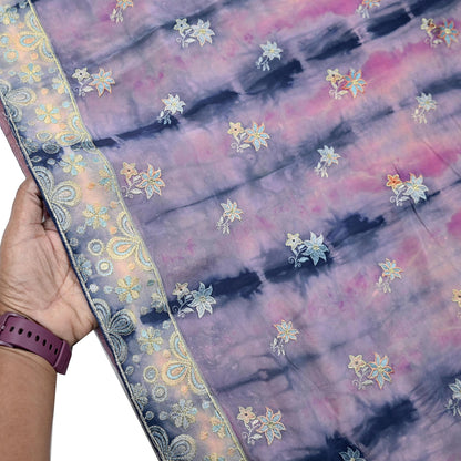 Indian Vintage Saree Pink & Blue Pure Crepe Silk Hand Embroidered Tie-Dye Sari Fabric 5yard Sewing Craft Fabric Ethnic Dressmaking