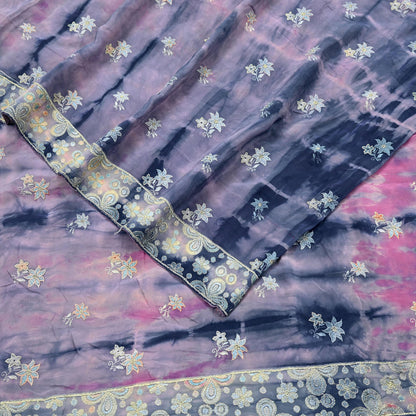 Indian Vintage Saree Pink & Blue Pure Crepe Silk Hand Embroidered Tie-Dye Sari Fabric 5yard Sewing Craft Fabric Ethnic Dressmaking