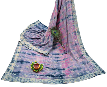 Indian Vintage Saree Pink & Blue Pure Crepe Silk Hand Embroidered Tie-Dye Sari Fabric 5yard Sewing Craft Fabric Ethnic Dressmaking