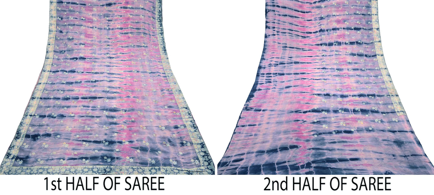 Indian Vintage Saree Pink & Blue Pure Crepe Silk Hand Embroidered Tie-Dye Sari Fabric 5yard Sewing Craft Fabric Ethnic Dressmaking