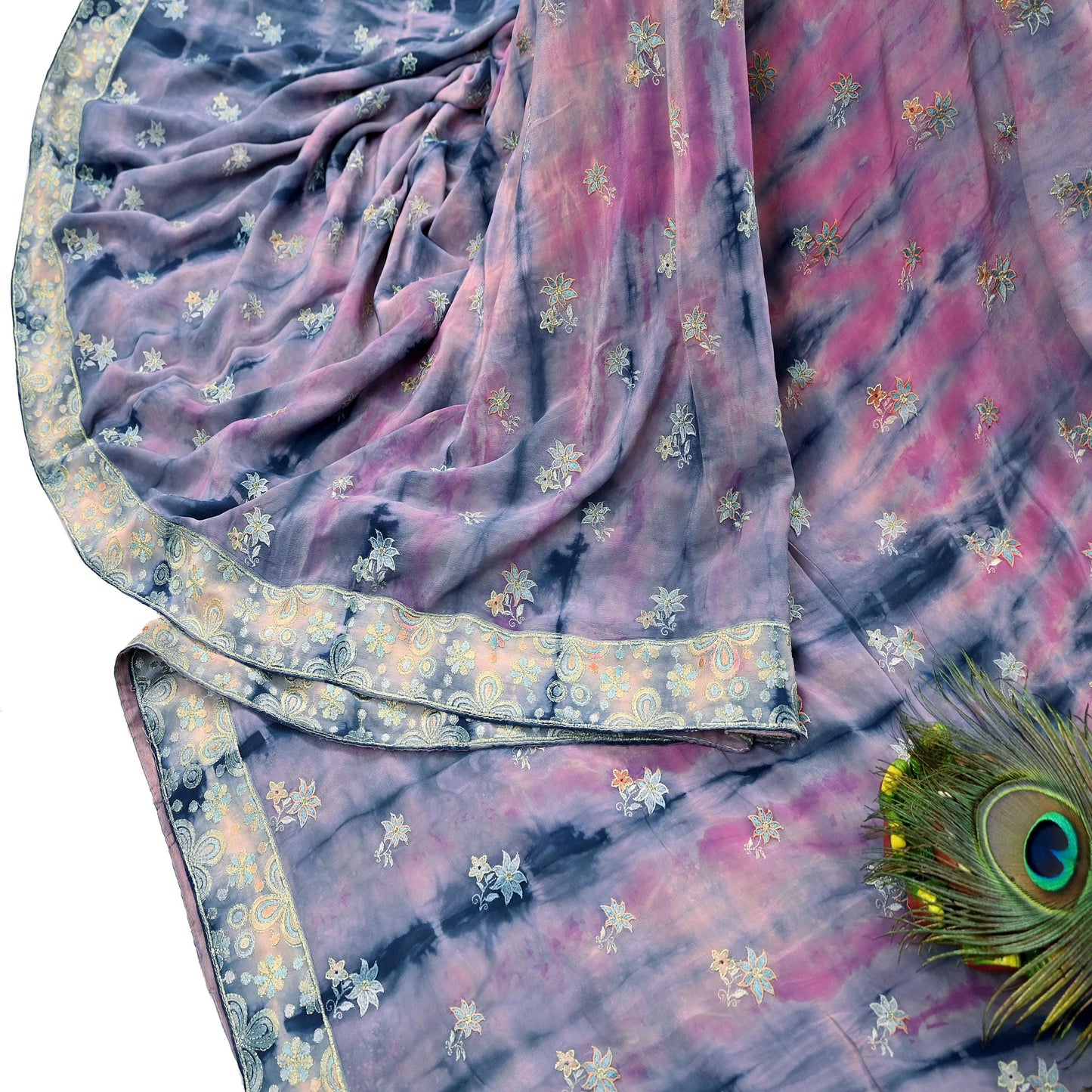 Indian Vintage Saree Pink & Blue Pure Crepe Silk Hand Embroidered Tie-Dye Sari Fabric 5yard Sewing Craft Fabric Ethnic Dressmaking