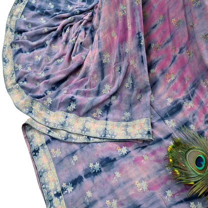 Indian Vintage Saree Pink & Blue Pure Crepe Silk Hand Embroidered Tie-Dye Sari Fabric 5yard Sewing Craft Fabric Ethnic Dressmaking