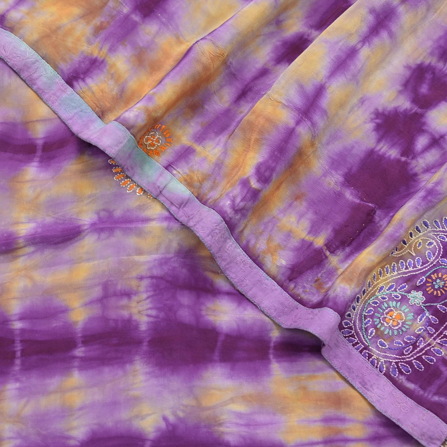 Indian Vintage Sari Purple & Yellow Pure Crepe Silk Hand Embroidered Kantha Tie-Dye Saree 6yd Craft Fabric Sewing Floral Soft Dress making