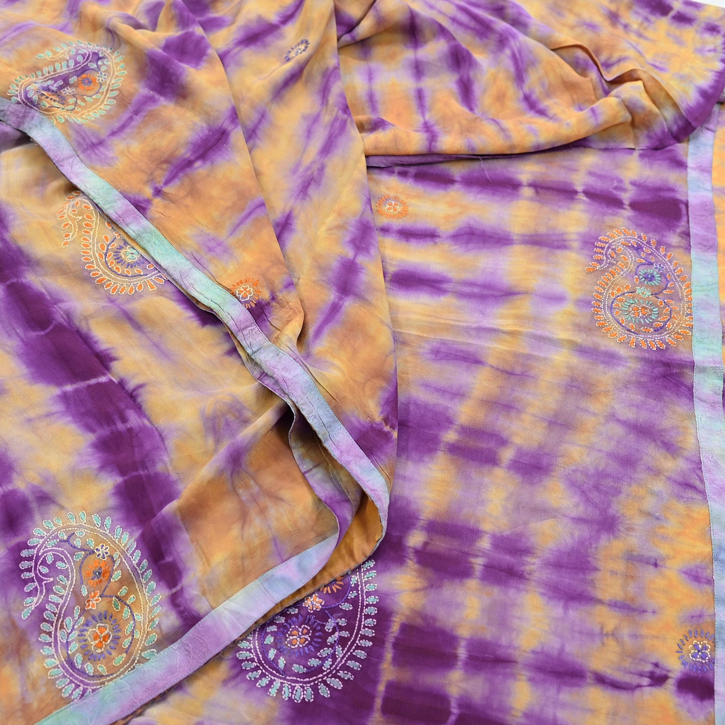 Indian Vintage Sari Purple & Yellow Pure Crepe Silk Hand Embroidered Kantha Tie-Dye Saree 6yd Craft Fabric Sewing Floral Soft Dress making