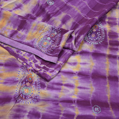 Indian Vintage Sari Purple & Yellow Pure Crepe Silk Hand Embroidered Kantha Tie-Dye Saree 6yd Craft Fabric Sewing Floral Soft Dress making