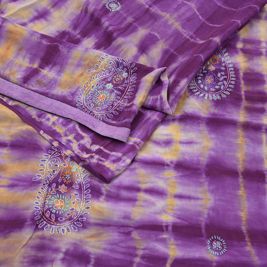 Indian Vintage Sari Purple & Yellow Pure Crepe Silk Hand Embroidered Kantha Tie-Dye Saree 6yd Craft Fabric Sewing Floral Soft Dress making
