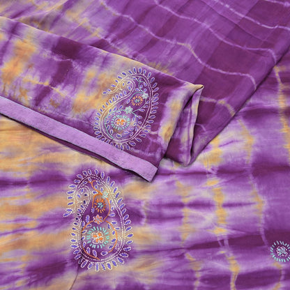 Indian Vintage Sari Purple & Yellow Pure Crepe Silk Hand Embroidered Kantha Tie-Dye Saree 6yd Craft Fabric Sewing Floral Soft Dress making
