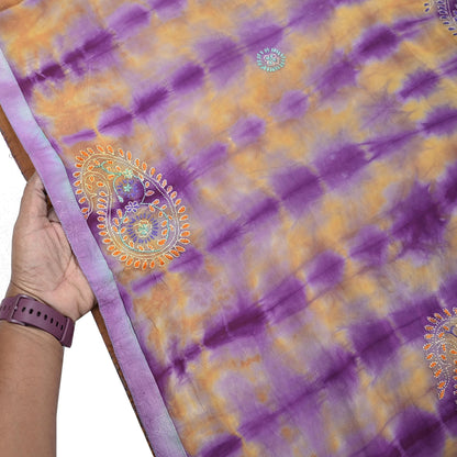 Indian Vintage Sari Purple & Yellow Pure Crepe Silk Hand Embroidered Kantha Tie-Dye Saree 6yd Craft Fabric Sewing Floral Soft Dress making