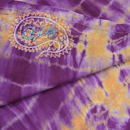 Indian Vintage Sari Purple & Yellow Pure Crepe Silk Hand Embroidered Kantha Tie-Dye Saree 6yd Craft Fabric Sewing Floral Soft Dress making