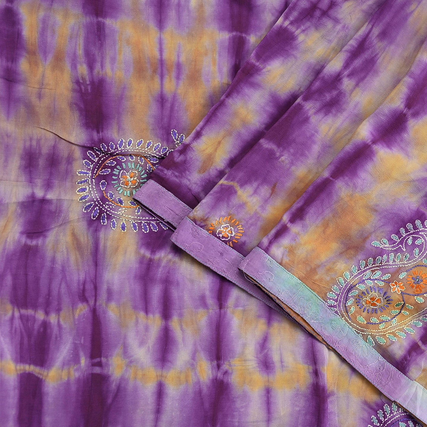 Indian Vintage Sari Purple & Yellow Pure Crepe Silk Hand Embroidered Kantha Tie-Dye Saree 6yd Craft Fabric Sewing Floral Soft Dress making