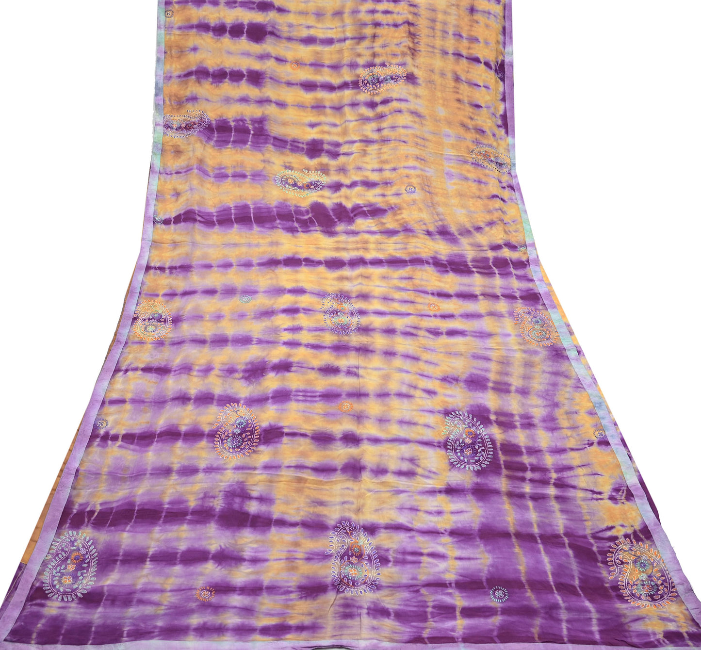 Indian Vintage Sari Purple & Yellow Pure Crepe Silk Hand Embroidered Kantha Tie-Dye Saree 6yd Craft Fabric Sewing Floral Soft Dress making