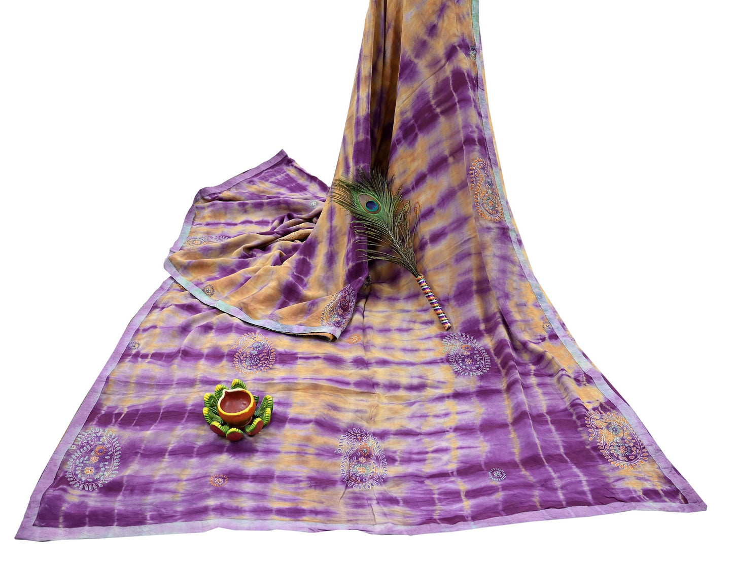Indian Vintage Sari Purple & Yellow Pure Crepe Silk Hand Embroidered Kantha Tie-Dye Saree 6yd Craft Fabric Sewing Floral Soft Dress making